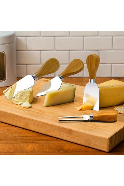 TARIK HOME Set of 4 steel cheese knives with bamboo handle-Mini knife, butter knife, Spatula and fork