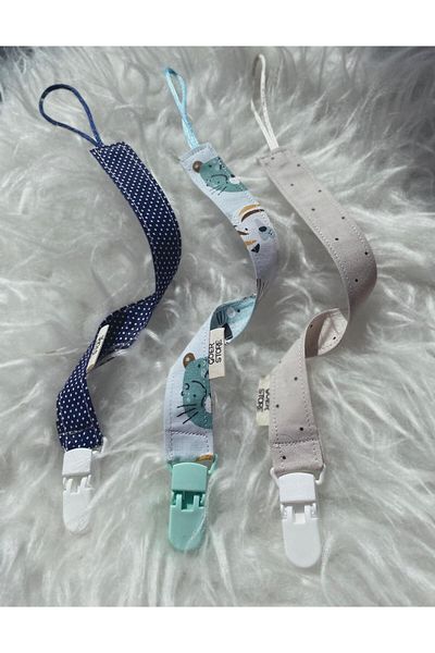 GOER STORE 3-Piece Polka Dot Blue - Cappucino Cotton Fabric Baby Boy Pacifier Strap Set