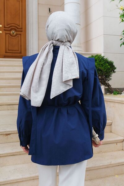 LOCCO Μπλε ναυτικό πουκάμισο - με πιέτες λεπτομέρειες και κρυφά κουμπιά