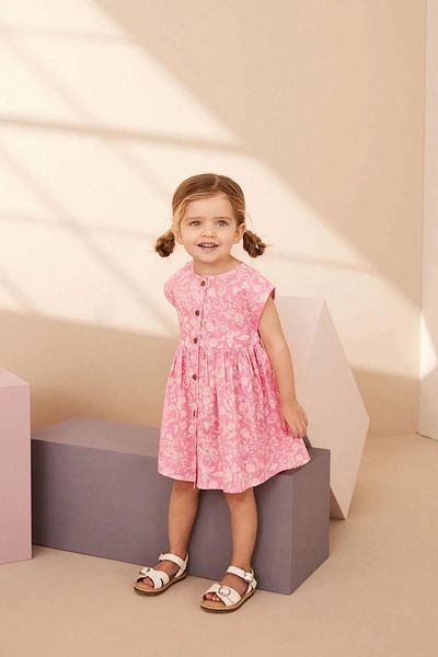 Teeny Weeny Kids Rochie țesută cu nasturi cu flori pentru fete