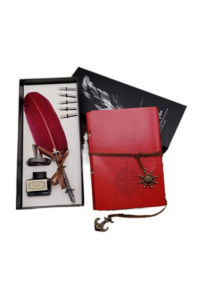 taşarzade Compass Designed Leather Cover Retro Notebook and Ink Feather Pen Dip Inkwell Set Special Vip Production