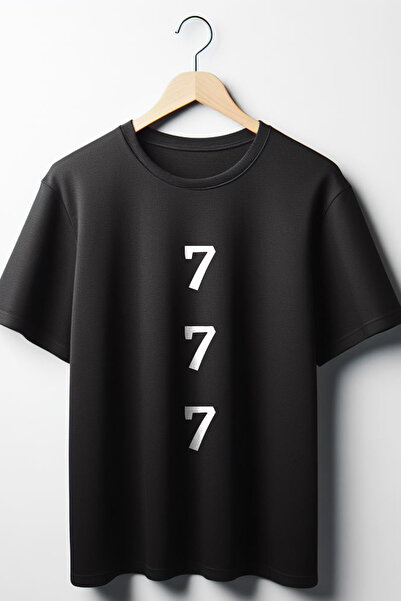 Vordevia 777 Tricou negru unisex cu decolteu rotund cu imprimeu supradimensionat