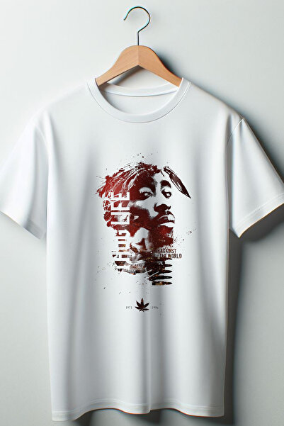 Vordevia Tricou alb unisex cu decolteu rotund, cu imprimeu 2Pac