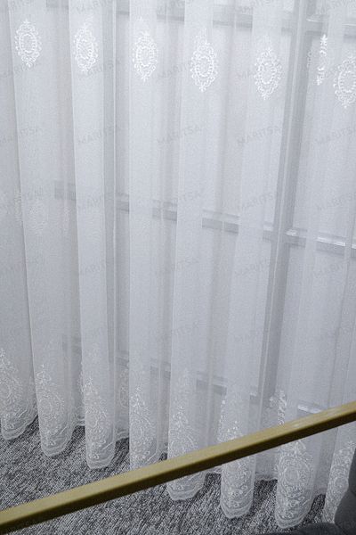 MARİTSA Nova Series - Narcissus Patterned, Linen Effect Tulle Curtain, Ecru Thin Pleat (1x3) Curtain