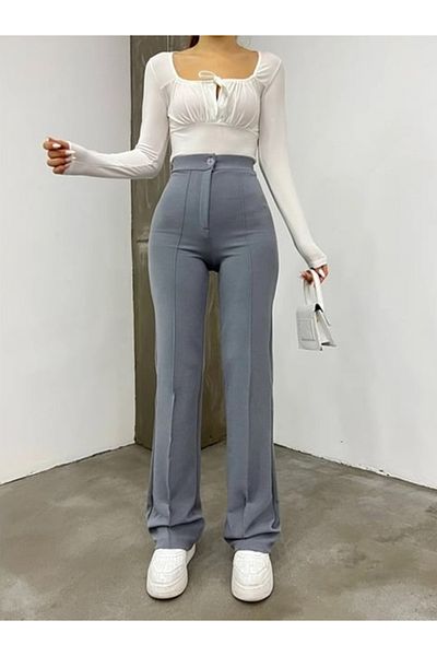 YMBRAND Women's High Elastic Waist Ribbed Stitched Decorative Button Grassy Spanish Leg Palazzo Pants