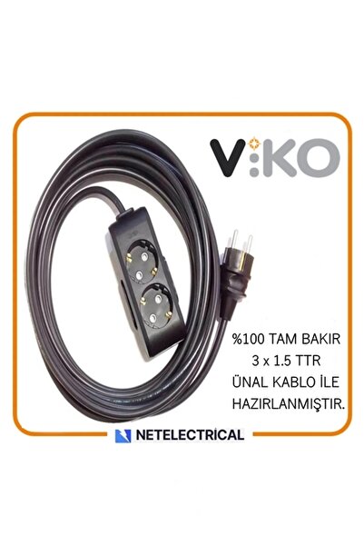 VİKO Multi-let Siyah 2'li 8 Metre Topraklı Çocuk Korumalı Kablolu Grup Priz