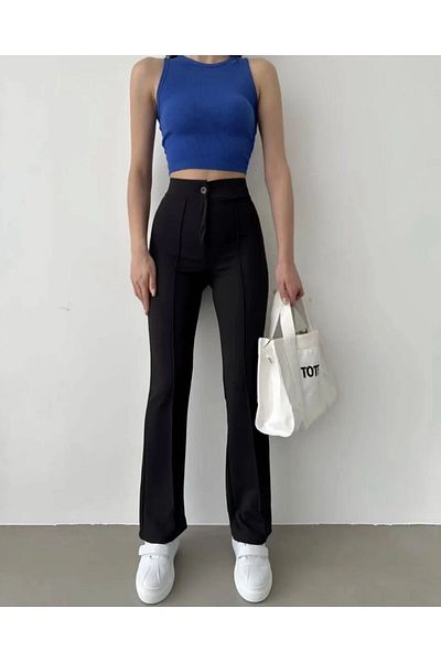 YMBRAND Women's High Elastic Waist Ribbed Stitched Decorative Button Grassy Spanish Leg Palazzo Pants