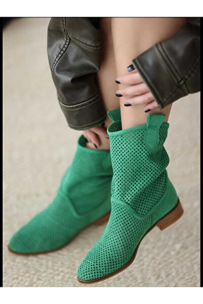 POTEEN حذاء ديفاين جلد سويدي ذو كعب قصير ومثقوب للصيف باللون الأخضر الداكن