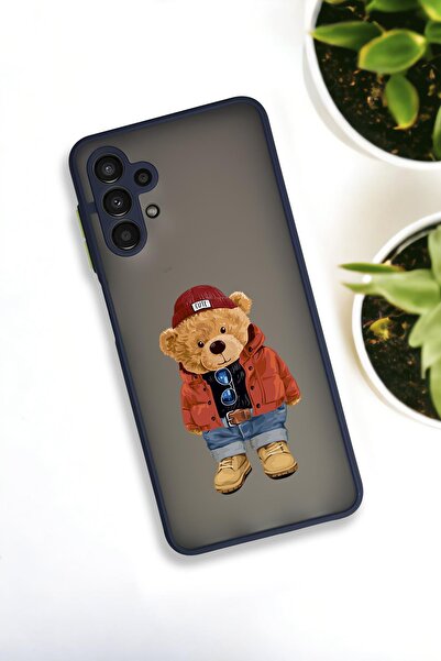 mooodcase Samsung A13 Uyumlu Teddy Bear Desenli Buzlu Şeffaf Lüx Telefon Kılıfı