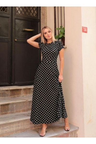 Kokosh moda Γυναικείο φόρεμα κρεπ πουά - κοντό μανίκι και φούστα