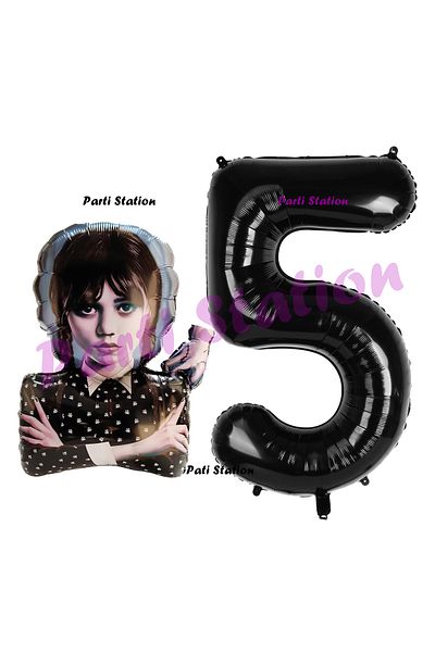 Parti Station Wednesday 5 Year Old Birthday Balloon and Black Figure Set - Wednesday Addams Style