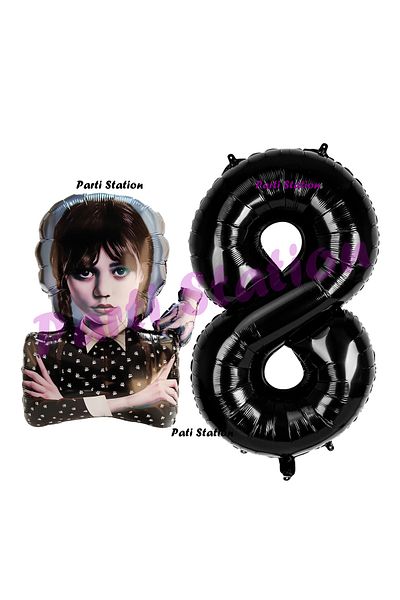 Parti Station Wednesday Addams Birthday Balloon Set - Age 8, Black Figure