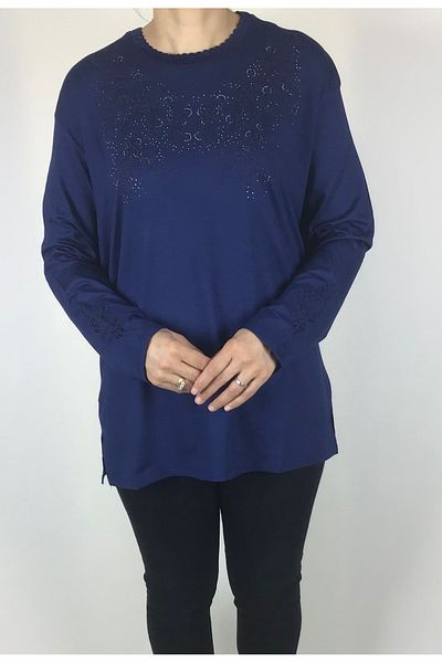 ECE GİYİM Μπλούζα μεγάλου μεγέθους Lycra Viscose - Λεπτομέρεια από πέτρα και κεντημένο γιακά και μανίκια