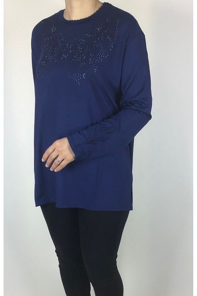 ECE GİYİM Μπλούζα μεγάλου μεγέθους Lycra Viscose - Λεπτομέρεια από πέτρα και κεντημένο γιακά και μανίκια