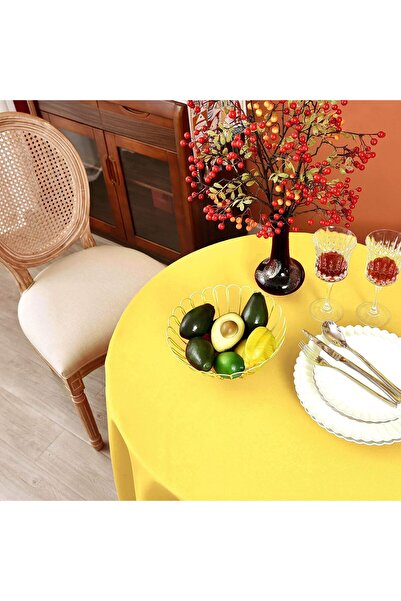 Zeren Home Sıvıya Dayanıklı Yuvarlak Dertsiz Keten Masa Örtüsü Sarı