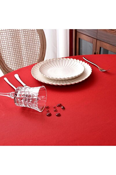 Zeren Home Sıvıya Dayanıklı Yuvarlak Dertsiz Keten Masa Örtüsü Kırmızı