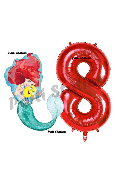 Parti Station Ariel 8 Year Old Birthday Balloon Set - Mermaid Mermaid, Red Number and Balloon