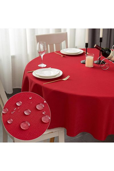 Zeren Home Red Linen Tablecloth - Liquid Resistant, Round and Care Free