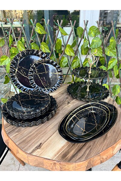 GÜRCÜGLASS Marble Pattern Black Frilly 17 Piece Tea Set
