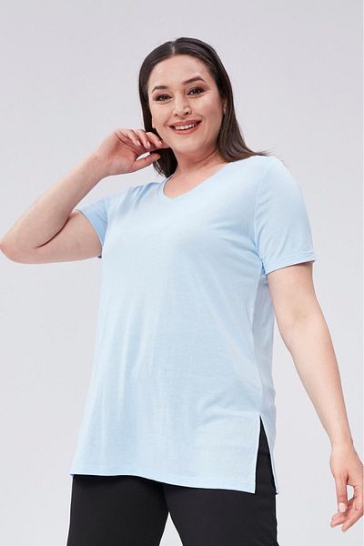 Seamoda Tricou de bază din bumbac cu decolteu în V de mărime mare-ALBASTRU