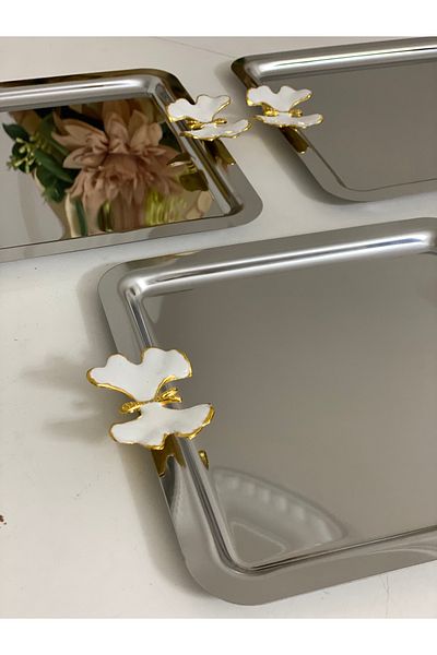 Elzemm store STAINLESS STEEL SQUARE 6 PIECES PRESENT TABLE WITH DOUBLE SIDES WHITE BUTTERFLY