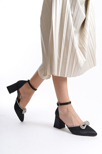 Moda Değirmeni Černé saténové dámské boty na podpatku s mašlí BG1042-119-0019