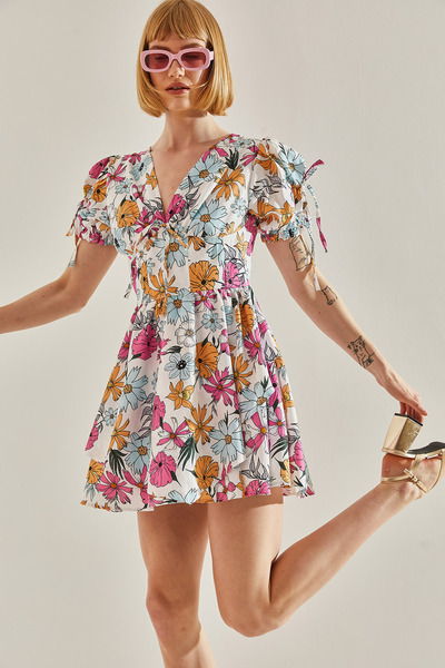 Bianco Lucci Women's Printed Padded Wrap Detailed Floral Print Dress60251073