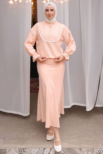 benguen 2078 Double Set with Knit Detail on the Collar Salmon