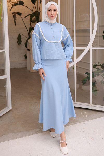 benguen 2078 Set dublu cu detaliu guler tricotat Baby Blue