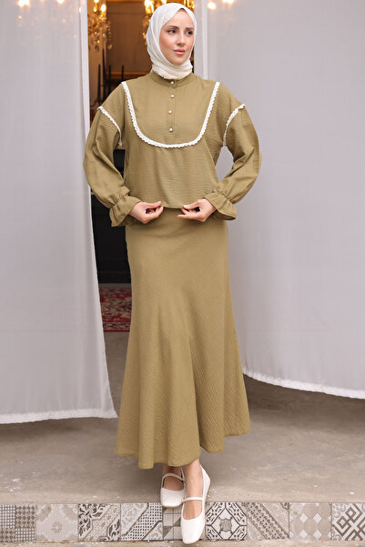 benguen 2078 Double Set with Knit Detail on the Collar Oil Green