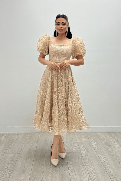 giyimmasalı Glitter Fabric Balloon Sleeve Midi Dress - GOLD
