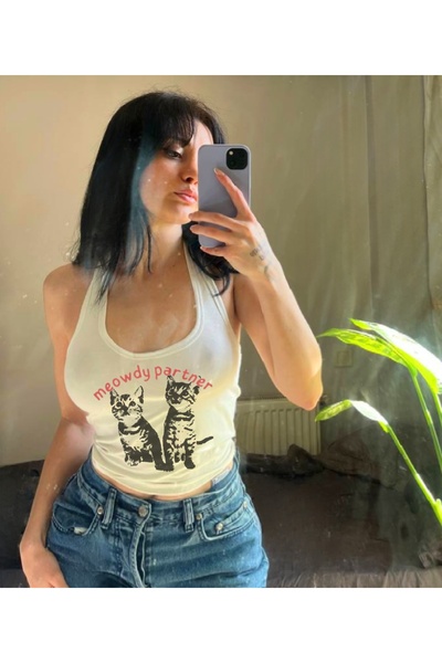 MAYDAY CULTURE White Cat Printed - Lycra și Halter Top