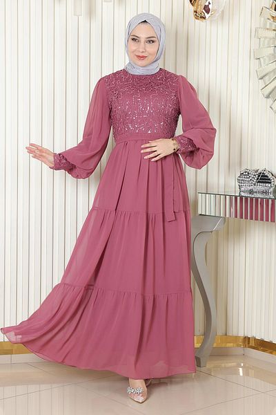 Modamihram Sequined Chiffon Evening Dress Dried Rose 19187