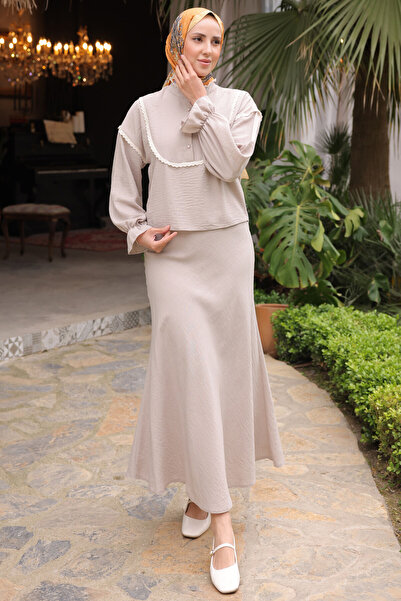 benguen 2078 Collar Mesh Detailed Double Set Mink