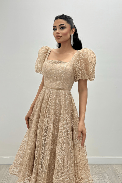 giyimmasalı Glitter Fabric Balloon Sleeve Midi Dress - GOLD