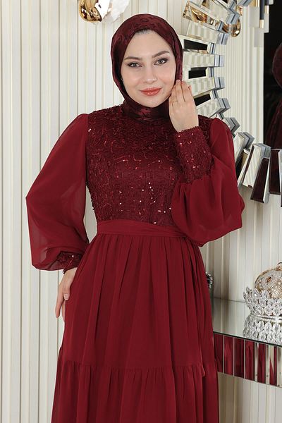 Modamihram Sequined Chiffon Evening Dress Claret Red 19187