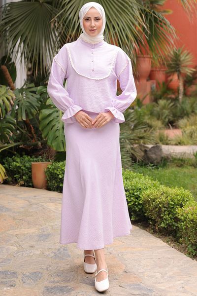 benguen 2078 Double Set Lilac with Knitted Detail Collar