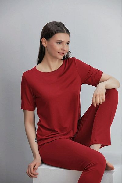 ÇAĞ MODA Set de pijama pantaloni cu mânecă scurtă tricotată din viscoză, roșu clar clar