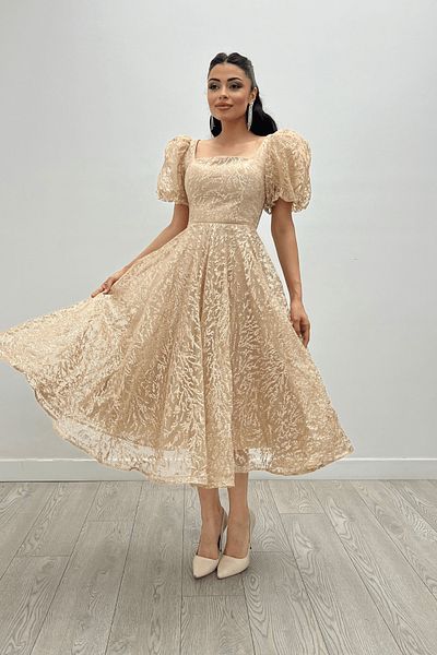 giyimmasalı Glitter Fabric Balloon Sleeve Midi Dress - GOLD