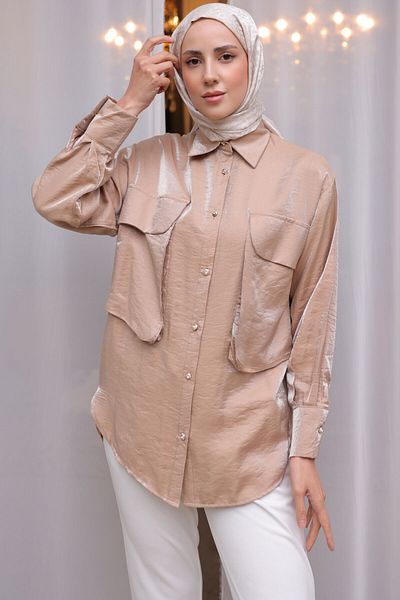 benguen Women's Large Pocket Detailed Shirt 2081 Mink