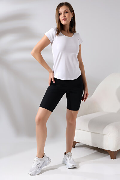 Endies Arkası Çapraz Biye Detaylı U Yaka Penye Kompakt Likralı Kısa Kol T-shirt 21218 Beyaz