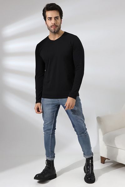 RUN RUN Tricou Compact Combed Lycra Regular Fit cu mânecă lungă cu decolteu în V 19647 Negru
