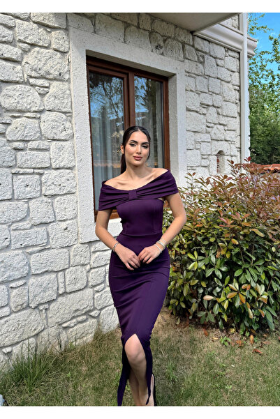 Mekafashion Pree Yaka Tasarım Midi Boy Yırtmaçlı Elbise 582033 MÜRDÜM