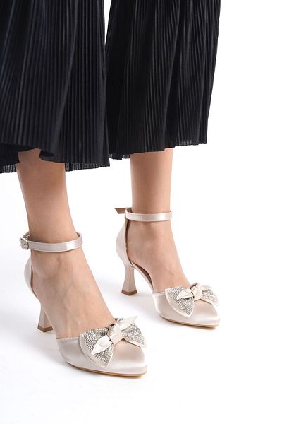 disruptor world Women's Stoned Bow Back Closed Evening Dress Heeled Shoes