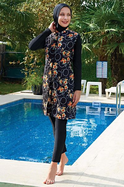 Ruko Maio Women's Zippered Lycra Woven Black Full Hijab Swimsuit C1T2N4O2