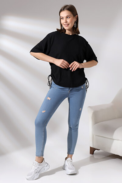 Endies Bürümcük Kumaş Yanları Büzgülü Salaş T-Shirt 21118 SİYAH