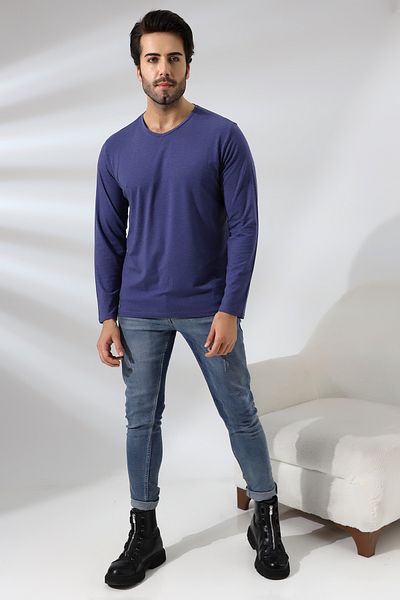 RUN RUN Tricou compact cu mânecă lungă cu decolteu în V din Lycra pieptănată, cu potrivire obișnuită 19647 Indigomelange