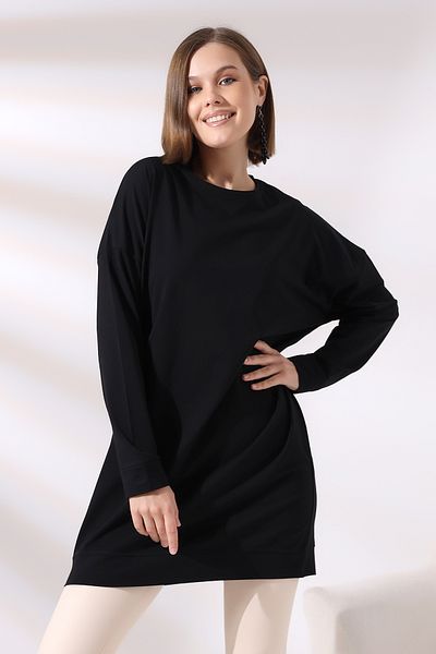 Ladies Cotton Lycra Compact Long Sleeve Casual Tunic with Cuffs 19186 Black
