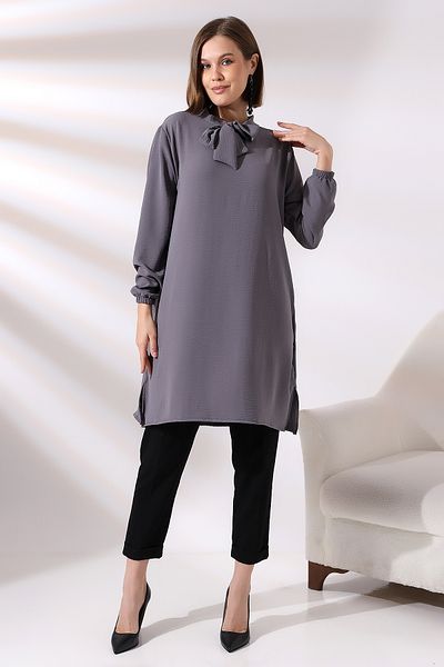Ladies Ribbon Tied Collar Tunic 21049 DARK GRAY