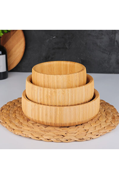 MİEN Mien 3'lü Yuvarlak Bambu Kenar Çizgili Kase Set